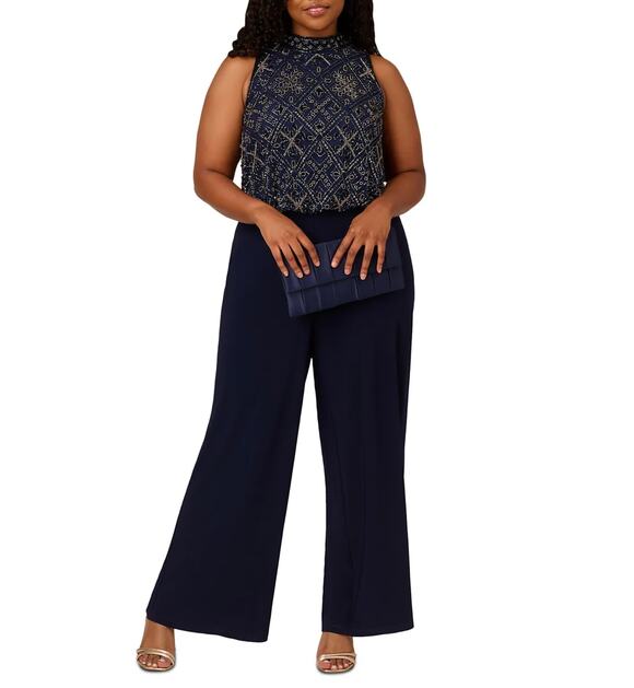 Adrianna Papell Pants - Adrianna Papell Blue Jumpsuit Beaded Wide-Leg Pant Sleeveless Halter Size 18
